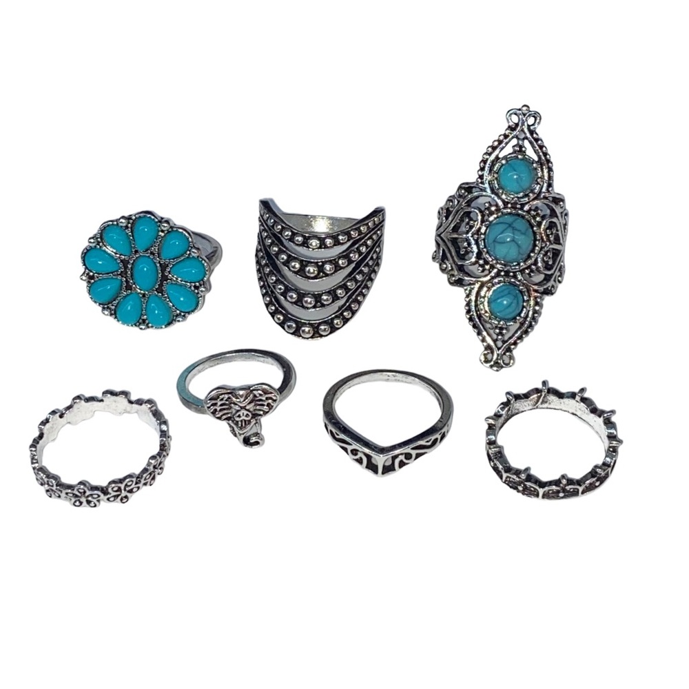 ✨NEW✨ Boho Turquoise Silver Tone Bohemian Ring Set (7pc) - Picture 2 of 4